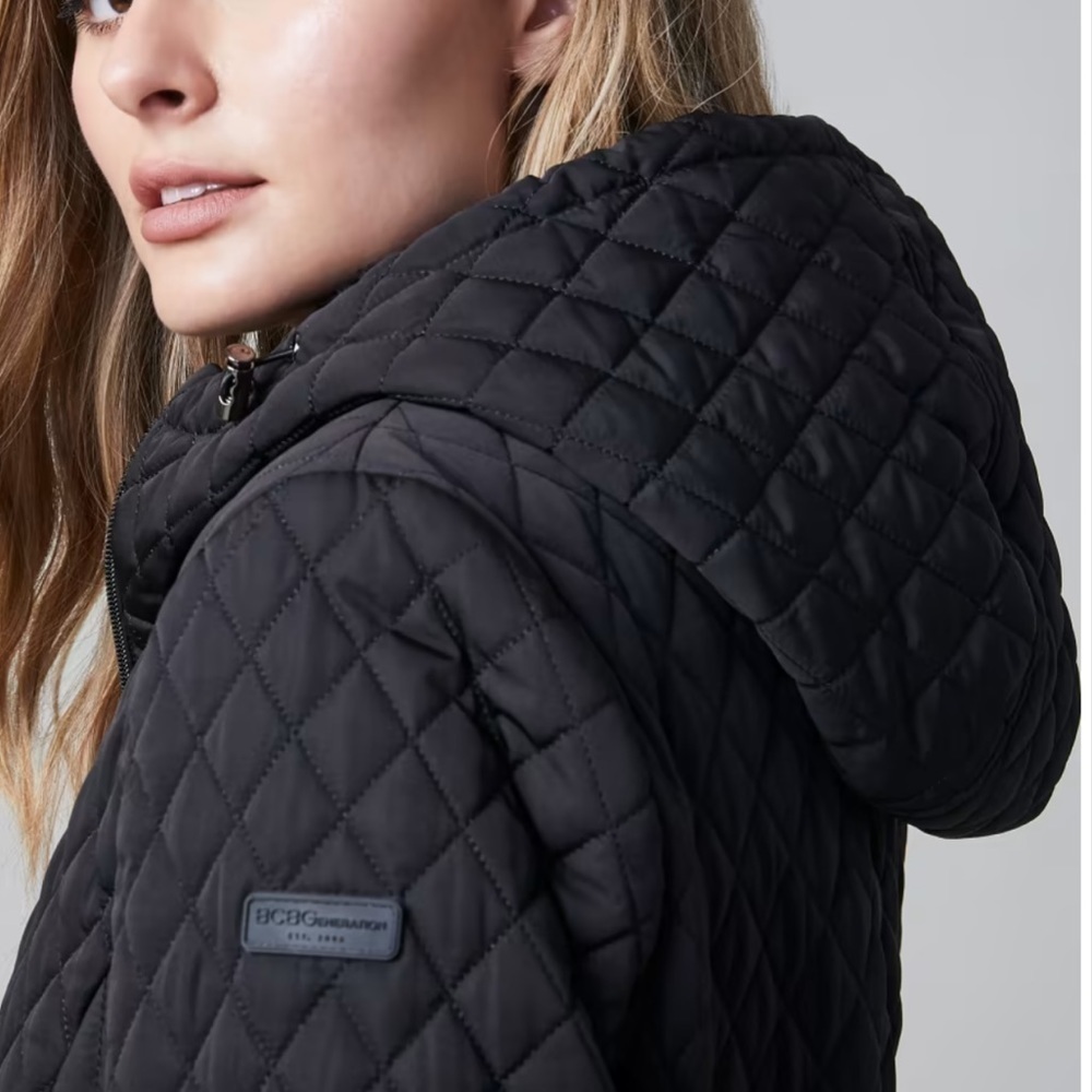 BCBGeneration Black Quilted Long Hooded Coat Sz XS